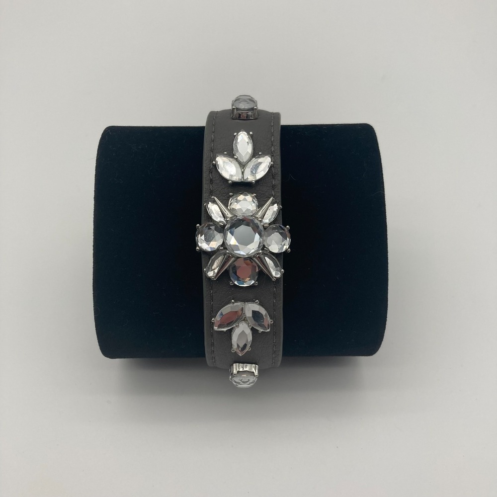 Lia Sophia Gray Vegan Leather Bracelet Clear Rhinestone Accents Statement Wrap